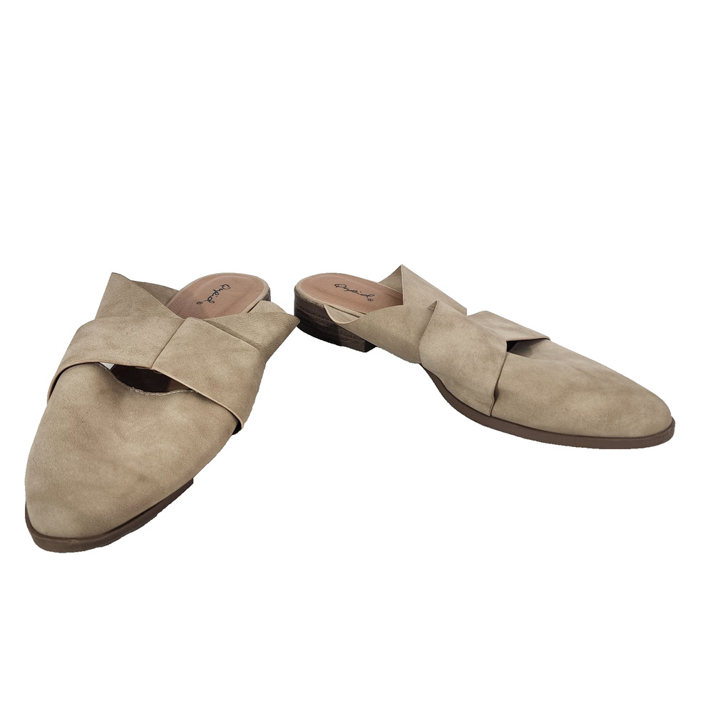 Qupid Slip On Flat Mules Size 10 Faux Suede Beige Criss Cross Pointed Toe Casual